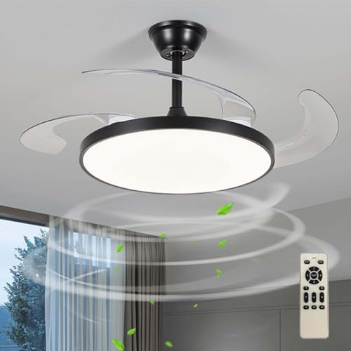 Large Ceiling Fans with Lights and Remote Silent Bedroom Retractable Fan Light LED Dimmable Reversible Modern Fan Ceiling Fan with Light Smart 6 Speed Indoor Flush Mounted for Living Room-Black||95cm