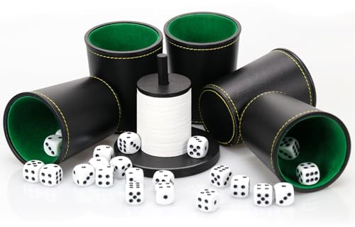 Schocken Set 5 Würfelbecher Leder 25 Würfeln Schockbesteck Holz mit 14 Scheiben und Ständer Schockbesteck Set für Jule Meiern Maxen Mörkeln Schwarz und Weiß 10X10cm