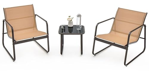 GOPLUS 3tlg. Gartenmöbel Set, Bistroset mit 2 Gartenstühlen & Beistelltisch, Balkonset Balkonmöbel Terrassenmöbel, Sitzgruppe Sitzgarnitur Outdoor für Garten Hof Veranda Terrasse, Braun