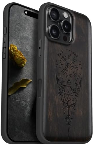Carveit Holz Cover für iPhone 16 Pro Max, Dunklesholz-Wikingerkompass | Handyhulle kompatibel MagSafe Massivholz für iPhone 16 Pro Max Handyhülle Stoßstange Weich TPU Case