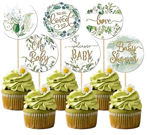Xsstarmi Lot de 36 décorations de cupcakes pour fête prénatale, motif feuilles de la jungle, amour bienvenu, décoration de gâteau pour révélation du sexe, fête prénatale, fête d'anniversaire