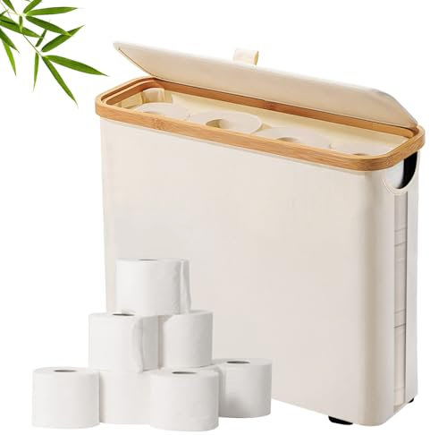KNGNGK Portarotolo Carta Igienica 23L Scatola Porta Carta Igienica con Coperchio 45 x 15 x 35 cm, Porta Rotolo Carta da Terra in Tessuto Oxford e Bambù Cestino Porta Carta Igienica per 12 Rotoli Carta