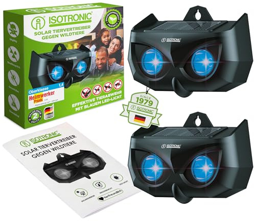 ISOTRONIC Solar Tiervertreiber zur Abwehr von Waschbären, Rehen, Füchsen & Wildschweinen – Wildtier Vertreiber mit blauem LED-Licht – effektive Tierabwehr mit 40m² Wirkungsbereich (2 Stück)