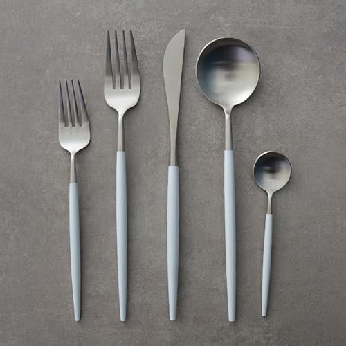 WYRMB Juego de Cubiertos de Plata de Ley 304 de Portugal, 5/20/30/40/50/60 Piezas, Juego de Cuchillos para Carne, Tenedores, cucharas, Tenedores de Postre y cucharas de café,White Silver-60 Piece Set