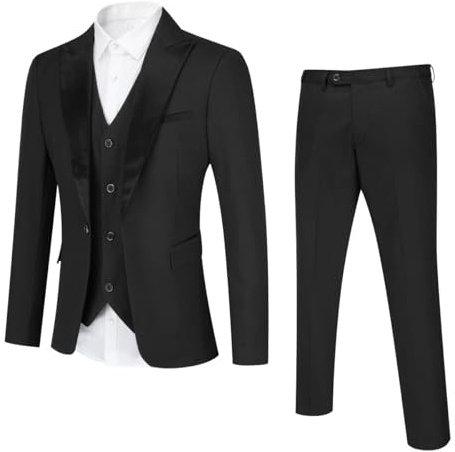 YOUTHUP Abito da Uomo Slim Fit a 3 Pezzi con Risvolto a Scialle Elegante Giacca da Smoking da Sposa con Gilet, Nero, XL