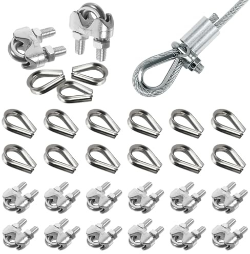 Prmape 24 Stück Drahtseilklemme 3mm, 12pcs Seilklemme M3+12pcs M3 Kauschen, Drahtseilklemmen 304 Edelstahl, U-Bolzen Bügelform Stahlseil Seilverbinder für Drahtseil StahlKabel Stahlseil