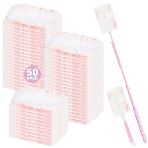 Nicemiya 52-Pack Duster Refills Compatible with Flash & Swiffer Dusters, Flash Dust Magnet Refills-Effectively Removes Dust, Dirt and Pet Hair for Home & Office Cleaning (50 Refills + 2 Handles, Pink)