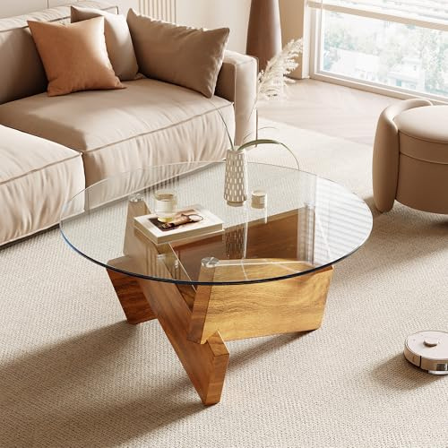 Honyee Modern Round Coffee Table, 30.7 x 30.7 x 16.1 Tempered Glass Top for Living Room, Color: Natural Wood