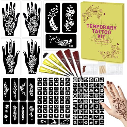 126 PCS Temporary Tattoos Stencils Kit,Temporary Tattoos Kit - 6 Pcs Tattoo Cones 2 Color (Brown Black) with Gloves,DIY Body Art Skin Painting Designs for Women Men Adults Kids