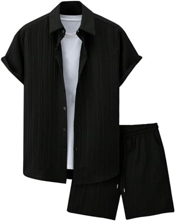 GORGLITTER Mens Shorts and Shirt Sets Striped Short Sleeve Shirt and Elastic Waist Drawstring Shorts 2 Piece Tracksuits Summer Holiday Co Ord Sets