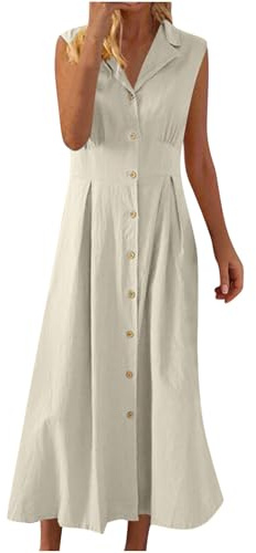 Vestido largo casual para mujer, elegante vestido de lino de algodón sin mangas con cuello de camisa y parte delantera plisada, vestido de verano con botones para mujer del Reino Unido Mis pedidos