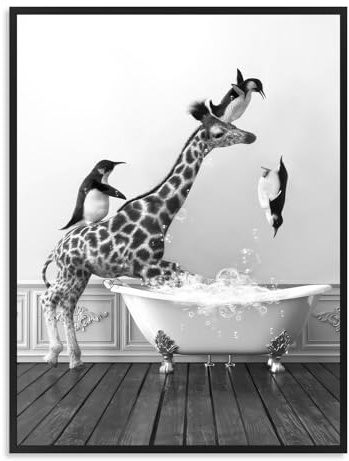 Dazzlewall Lustiges Badezimmer Bild Giraffe und Pinguine in Badewanne, Schwarz Weiß Tier Bild, Canvas Painting for Home Entrance Hall Bathroom Decor 12×16 in Ungerahmt