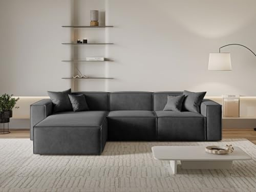 GRAINGOLD Arizona Ecksofa 265x180 cm, L-Form Sofa, Ecksofa für Wohnzimmer, Velour, 3-Sitzer Eckcouch, Modernes Design (Dunkelgrau, Links)