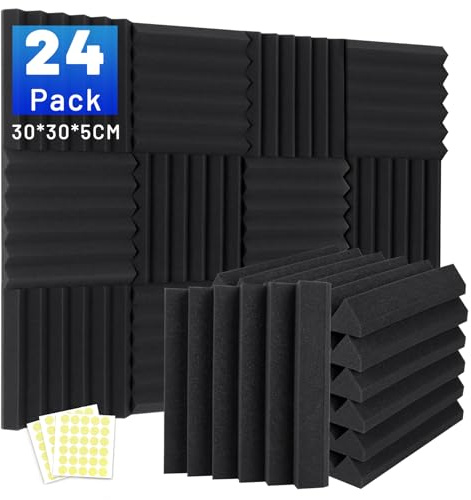 24 Pack Sound Proofing Panels, 2 X 12 X 12 Acoustic Foam Wall Panels, Soundproofing Wedge Panels, Sound Absorption Wall Panels, Sound Proof Panels for Studio, Home, Office, With Double Sided Tape
