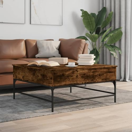 HaoChrymec Couchtisch Räuchereiche mit Holzwerkstoff und Metall, Höhenverstellbare Tischplatte, Stauraum unter der Tischplatte, Beistelltisch Couch für Wohnzimmer, Living Room Table, 95 x 95 x 45 cm