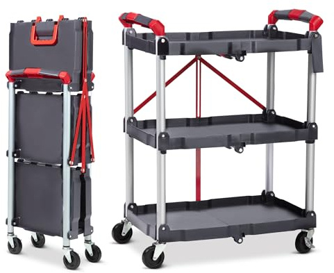 3 Tier Service Cart, Folding Rolling Utility Cart with Heavy Duty Metal Frame, Lockable Silent Wheels, 2 Handles & Fixed Rope, Supports Up to 90kg, for Home, Office, Garage, Workshop, Warehouse
