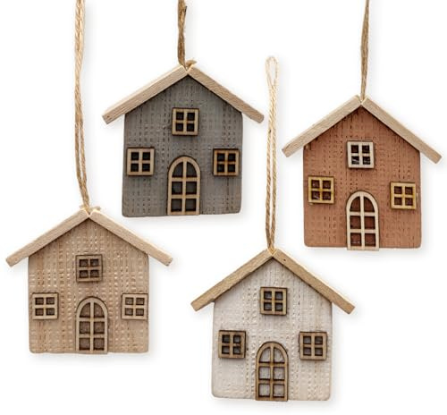 Set om 4 trähus hängande natur/grå/vit/brun H/B ca. 7,5 cm – jul- och året runt – loggboksförlag