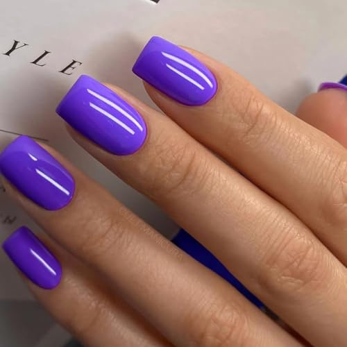 Ceboic 24 Pezzi Viola Scuro Unghie Finte Adesive, French Press on Nails, Corte Quadrate Acrilico Lucido Unghie Artificiali, Riutilizzabili Copertura Completa Premere sulle Unghie per Donna Ragazza