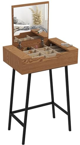 HOMCOM Toeletta Trucco Elegante con Specchio Ribaltabile e 16 Scomparti Nascosti, Tavolo da Trucco in Legno e Acciaio Moderno, Postazione Make Up per Camera da Letto, 60x40x90 cm, Colore Legno