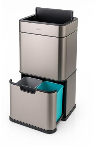 FLINQ Senzaro Sensor Mülleimer 3 Fächer aus Edelstahl (2×12L + 36L) | 60L Abfalltrennsystem für Küche - Automatisch - Edelstahl