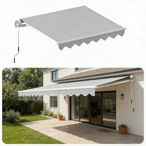 Ferzone Store Banne Manuel 400x300cm cm et Angle Réglable en Aluminium, Auvent de Terrasse Rétractable aux UV/Vent/Eau et Tissu Résistant, Stores Exterieur avec Manivelle pour Patio Balcon, Gris Clair