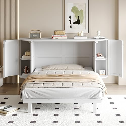 DACHETOU Schrankbett 140x200cm, Weiß, Wandbett mit Lattenrost, Wandklappbett, vertikales schrankbett mit Lattenrost, mit Staufächern, Rattan-Design, Holzbetten, Einzelbetten, ohne Matratze
