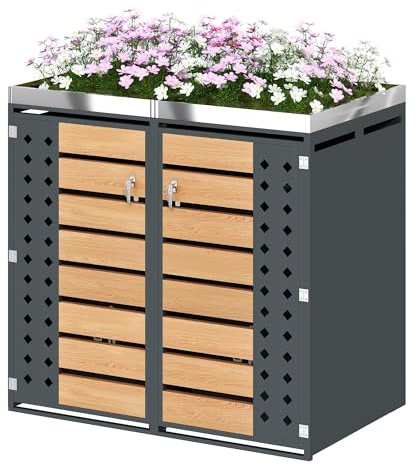 Httcg Mülltonnenbox 2er mit Pflanzfläche 120-240 L, Mülltonnenboxen Mülltonnenverkleidung mit 2 Türen und Lüftungsöffnung, Holzmaserung-Design, Abschließbar Gartenmöbel Müllcontainer (2 Türen)
