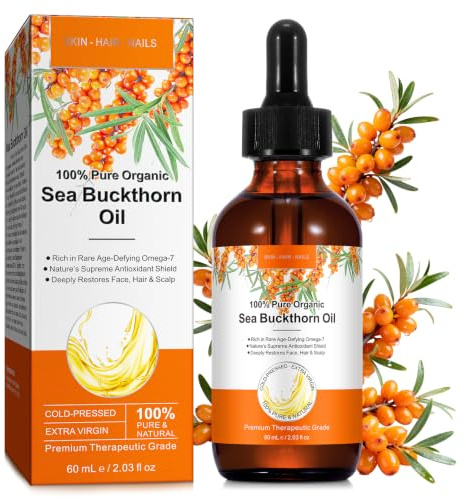 Havtornsolja kallpressad – naturlig vegetabilisk olja för ansikte, kropp och hår – Sea Buckthorn Oil rik på omega-7 (omega-3, 6 och 9) & vitamin E – havtorn fruktköttolja för daglig vård – 60 ml