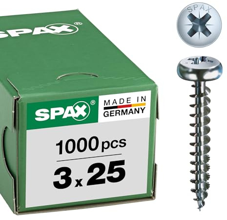 SPAX 0231010300255 Universal Screw, 3.0 x 25 mm, Phillips Z1, Half Round Head, Fully Threaded 4CUT, WIROX A3J, Pack of 1000