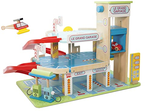 Le Toy Van - Iconic Wooden 3 Storey Le Grand Garage Toy Car Play Set - Set 7 Pieces | Play Vehicle Role Play Toys - Suitable For 3 Year Old +