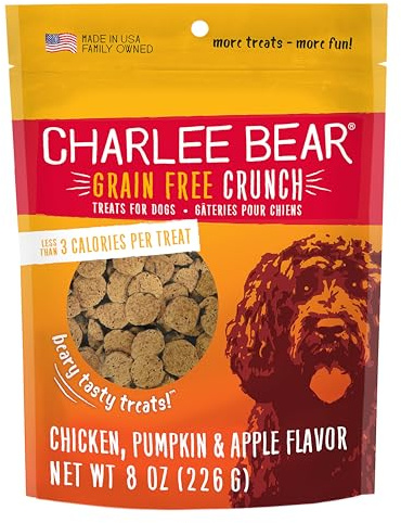 Charlee Bear Crunch Grain Free Dog Treats, Chicken, Pumpkin and Apple, 8 Ounce Resealable Bag, Low Calorie Training Treats for Dogs, Limited Ingredient, Healthy, Crunchy Dog Snacks, Made in USA