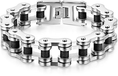 JewelryWe Schmuck Herren Armband, Gebürstet Poliert Fahrradkette Biker Link, Edelstahl, Schwarz Silber Gold
