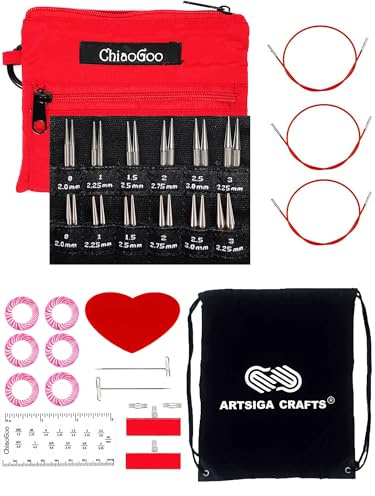 ChiaoGoo 7230-M Stricknadeln, bare Shorties, rote Spitze, 5,1 cm und 7,6 cm, kleine Nadeln, Set mit 1 Artsiga Crafts Project Bag