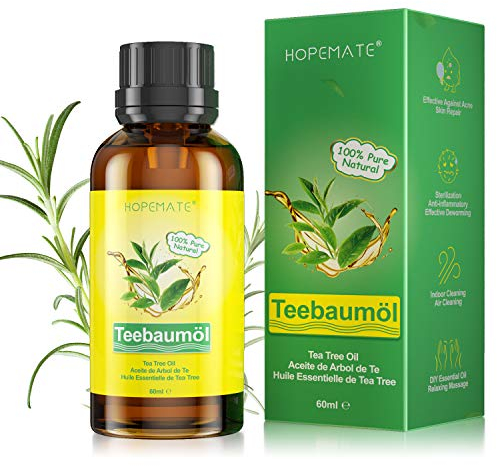 Teebaumöl 100% Reines und Naturrein, 60ML Tea Tree Oil Anti Pickel, Akne, Warzen und Andere Hautprobleme, Vegan Teebaum Ätherisches Öl für Unreine Haut, Gesicht, Kopfhaut und Haare
