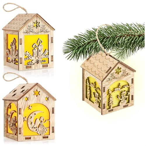 COM-FOUR® 3X LED Dekohänger Haus, Hängedeko mit winterlichen Holzhäusern | warmweiße LED-Lampen - dekorative LED-Christbaumanhänger