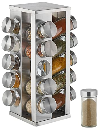 Relaxdays Gewürzkarussell mit 20 Gewürzgläsern, 360° drehbar, Edelstahl, Glas, HxD 33 x 20 cm, Gewürzregal eckig, silber, 10032730