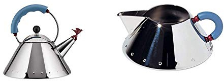 Alessi 9093 Bollitore con Manico e Fischietto a Uccellino di Design in Acciaio Inox, Azzurro & 9096 Cremiera in Acciaio Inossidabile 18/10 Lucido con Manico in PA, Azzurro
