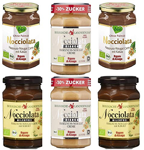 Rigoni di Asiago - 2 x Nocciolata, 2 x sin leche y 2 x Bianca - 6 x 270 g | crema de turrón de nuez | crema de avellana sin aceite de palma | crema de turrón nuez sin aceite de palma | para untar pan