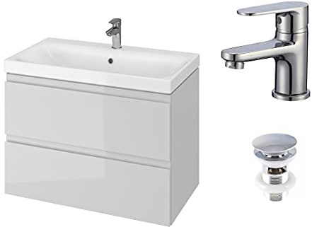VBChome Badmöbel 80 cm Grau mit Armatur und Pop-up ventil Waschbecken mit Unterschrank Hängeschrank Waschtisch 2-Schubladen Click-Clack