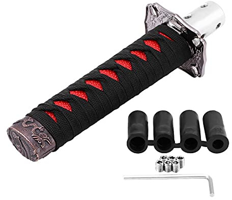 Kuuleyn Aleación Katana, Adaptadores Perilla de cambio, Espada japonesa universal Palanca de cambio de marchas de coche Palanca de cambio con 4 adaptadores Negro + Rojo