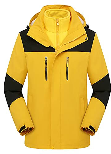 YuanDiann Herren Damen 3 In 1 Wanderjacke 2 Teiliges Set, Wasserdicht Winddichte Fleece Gefütterte Mantel mit Kapuze Abnehmbar Verdicken übergangsjacke Trekking Skijacke Herren Gelb XXL