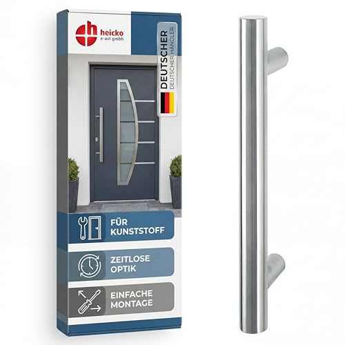 h heicko Edelstahl Stoßgriff Vanessa, 90° Stützen, matt gebürstet, 320 mm | – Türgriff für Haus- & Schiebetüren, inkl. Montagematerial, Stichmaß 200 mm