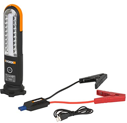 WORX - Démarreur/Booster de Batterie sans Fil 12V - avec Lampe LED -avertisseur SOS - WX852.1 (30 démarrages avec Une Charge, 500 lumens - Batteries Li-polymère 12000mAh, Chargeur USB, IP54)