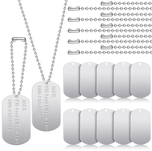 Romooa 20 Pieces Military Dog Tags Set Including 10 Stainless Steel Army Blank Dog Tags 10 Steel Chains Personalized Pet Oval Pendant Necklaces for Stamping Engraving DIY Halloween Craft(Silver)