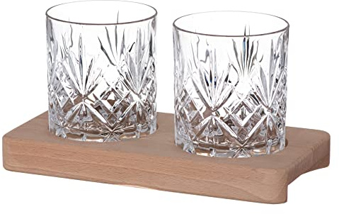 DIAMANTE Chatsworth Whisky Tumblers with Tray - Premium Lead Free Crystal - Set of 2 Glasses with Wooden Serving Tray