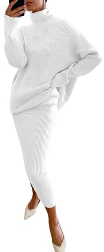 shownicer Damen Strickkleid Zweiteiliger Anzug Pullover Oberteil und Midi Strickrock Bodycon 2 Stück Set Maxikleid Rollkragen Pulloverkleid Winter Strick Kleid