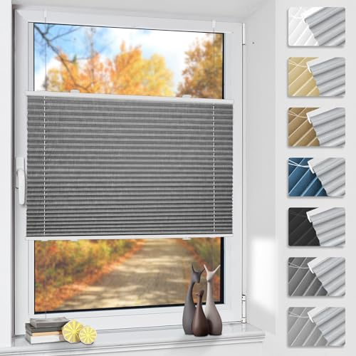 Plissee ohne Bohren Verdunkelung Thermo Plissees Klemmfix Grau B70 x H90 cm - Verdunklungsplissee Plisseerollo Blickdicht & Sichtschutz für Fenster & Tür