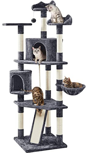 Yaheetech 200 cm H Tall Cat Tree, Condo, Perches & Basket, Dark Grey | Cat Tower for Indoor Cats, Cat Climbing Frame, Sisal Scratching Posts, Large Pet Condo, Padded Perches, Hanging Basket