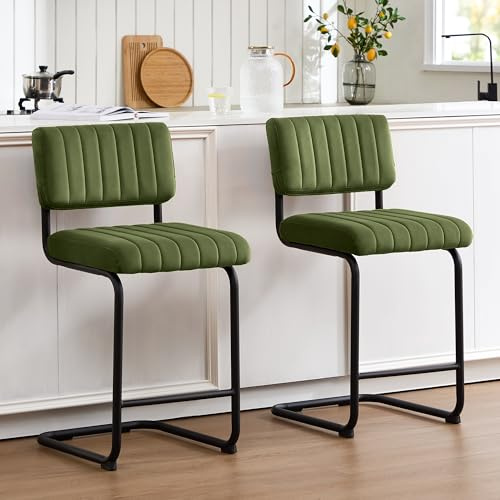 Flouki 24 Inch Bar Stools Set of 2, Cantilever Counter Height Barstools, Upholstered Mid-Century Modern Counter Chairs with Metal Base for Kitchen Island, Olive Green Velvet