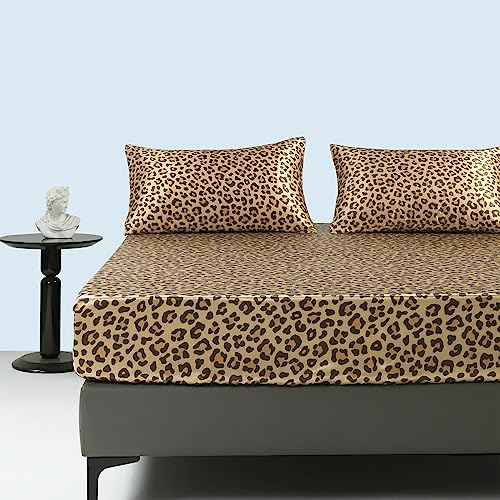 Spannbettlaken 140x200cm Boxspringbett Satin Sommer Gold Dunkelgelb Leopardenmuster Bettlaken Satin Glänzend Seide Spannbetttuch 140 x 200 Spannbetttücher Leintuch für Hohe Matratze bis 25-30 cm